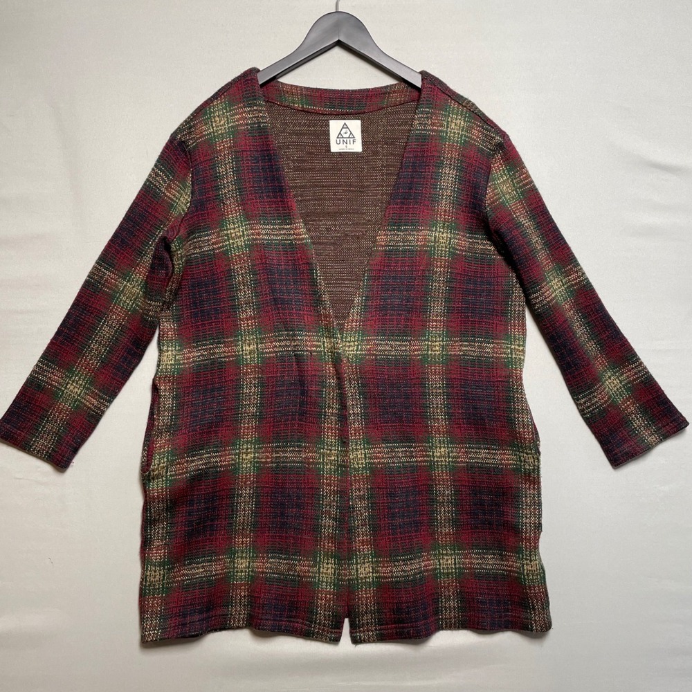 Unif Women's Plaid Duster Cardigan Sweater Jacket‎ Single Snap Burgundy Size S